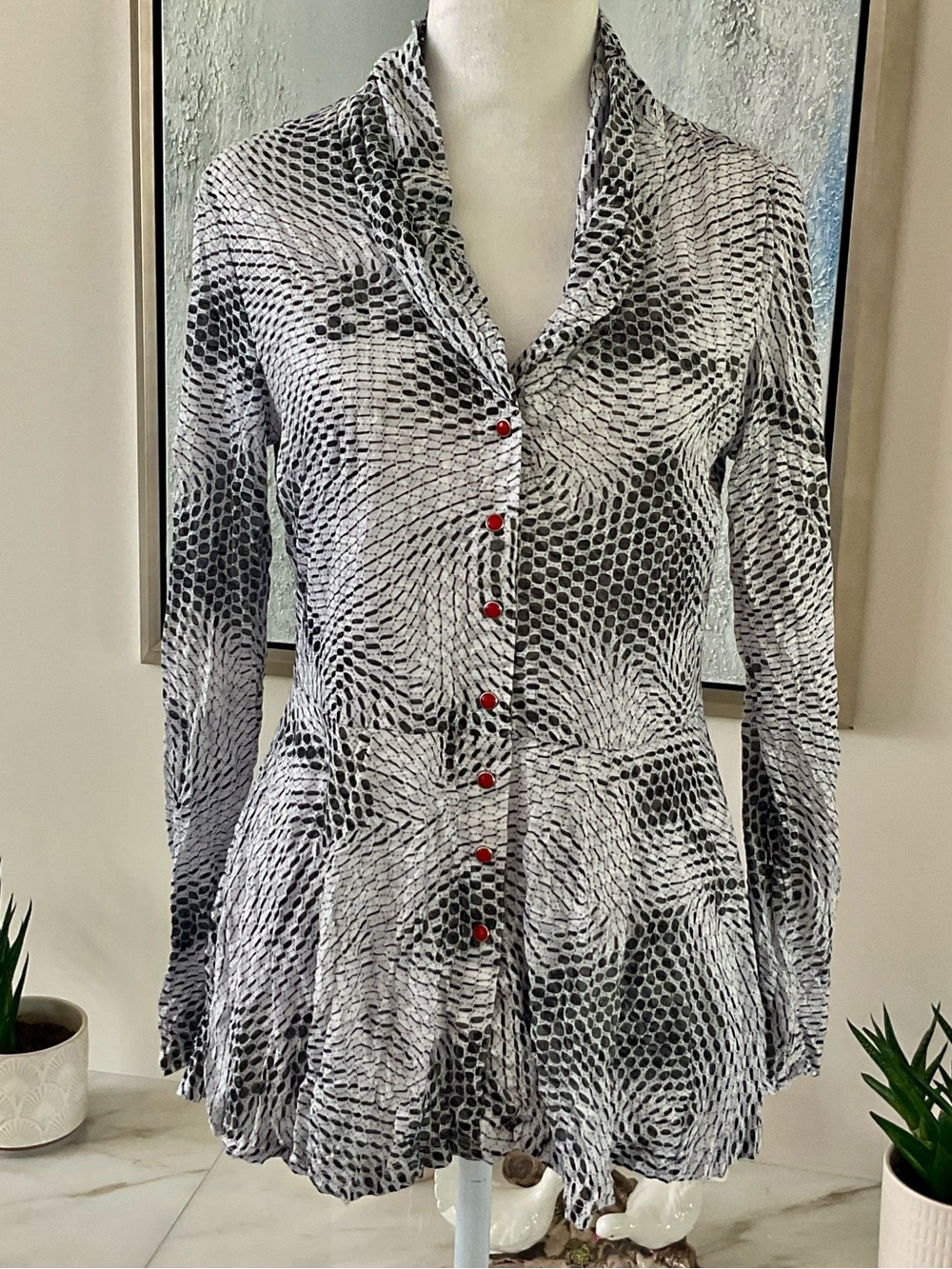 Dot Swirl Print with Red Snaps -Women's Peplum Blouse